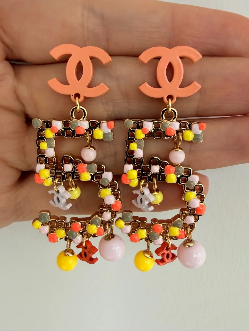 CHANEL CC Logo Colorful Charm Statement Earrings